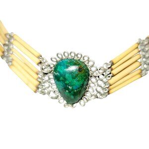 Vintage Peruvian Bamboo and Chrysocolla Tribal Choker Necklace with Metalwork